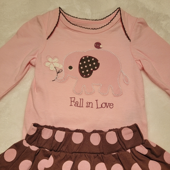 MINIVILLE ♡ Pink|Brown FALL IN LOVE Elephant Bodysuit w/Polka Dot Mini Skirt 3M - Picture 11 of 15